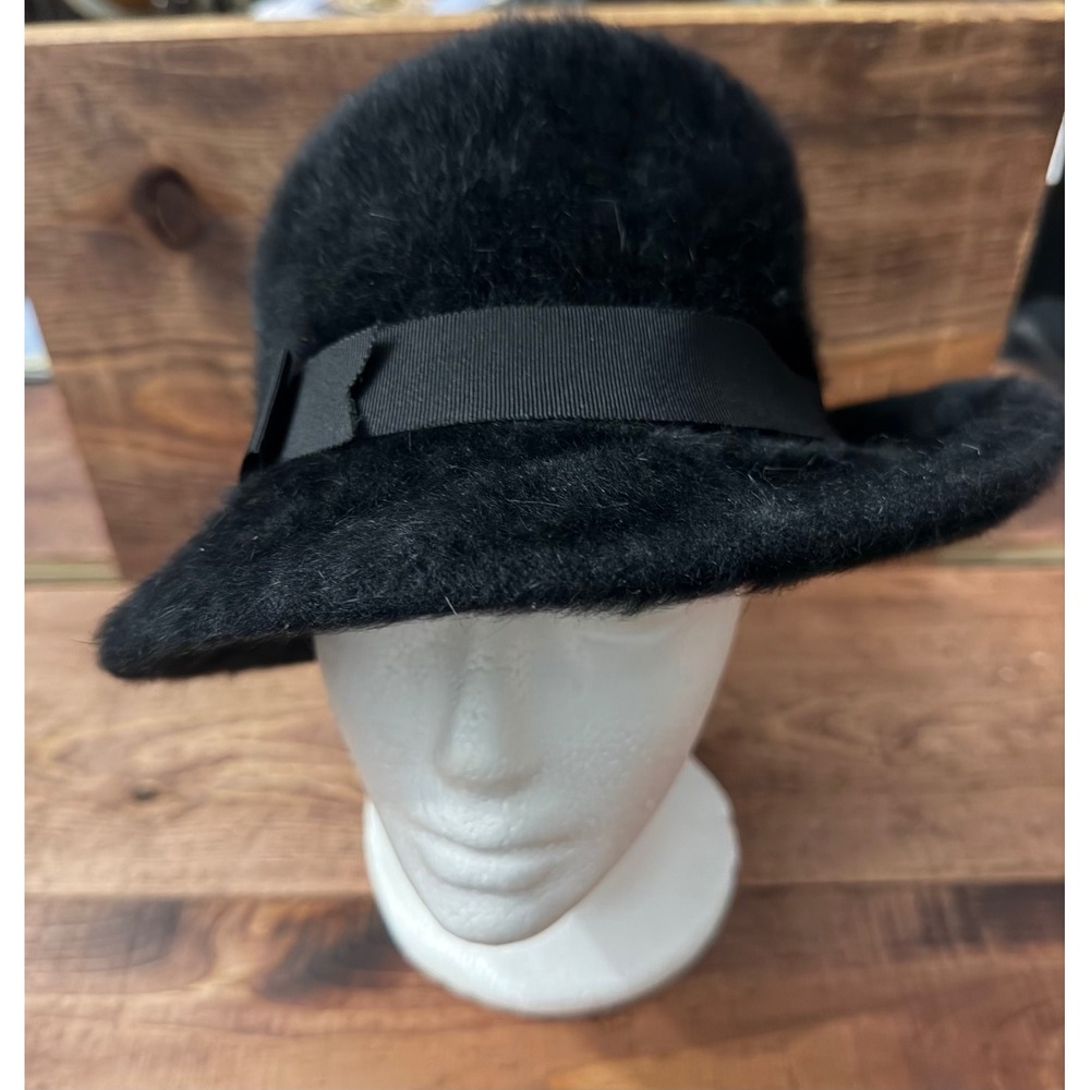 Vintage Kangol Furgora Harriet Black Fuzzy Cloche Hat Made in England Bow Trim